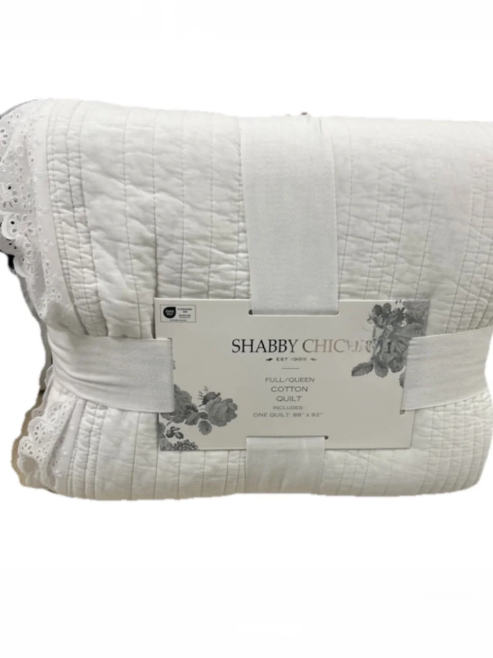 Shabby Chic White Cotton Full/Queen Quilt with Eyelet Lace Trim 88”x92”